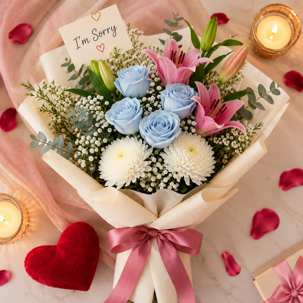 Blue Roses, Pink Lilies & White Chrysanthemums Sorry Bouquet