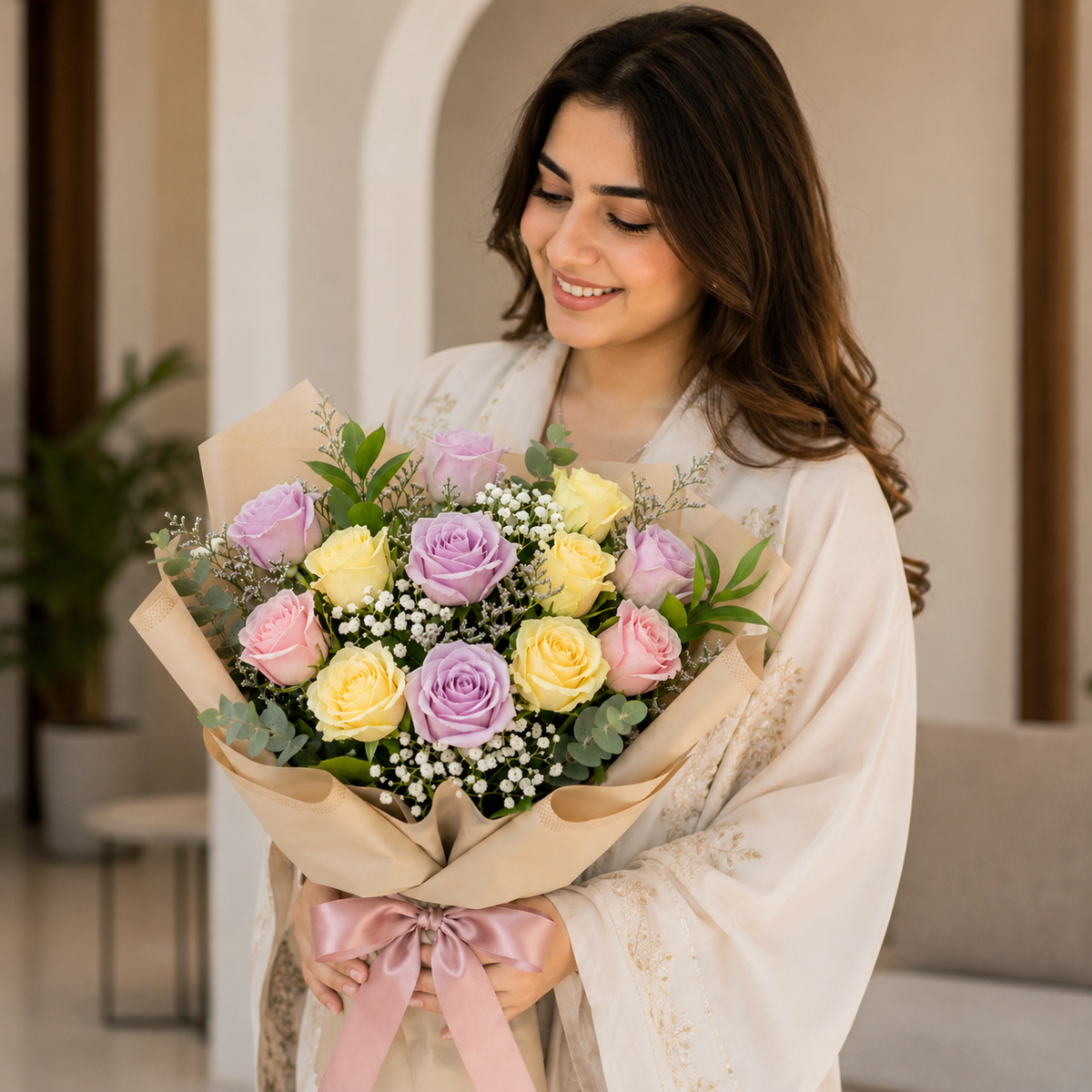 Colorful Miss You Rose Bouquet with Yellow, Pink & Purple Roses