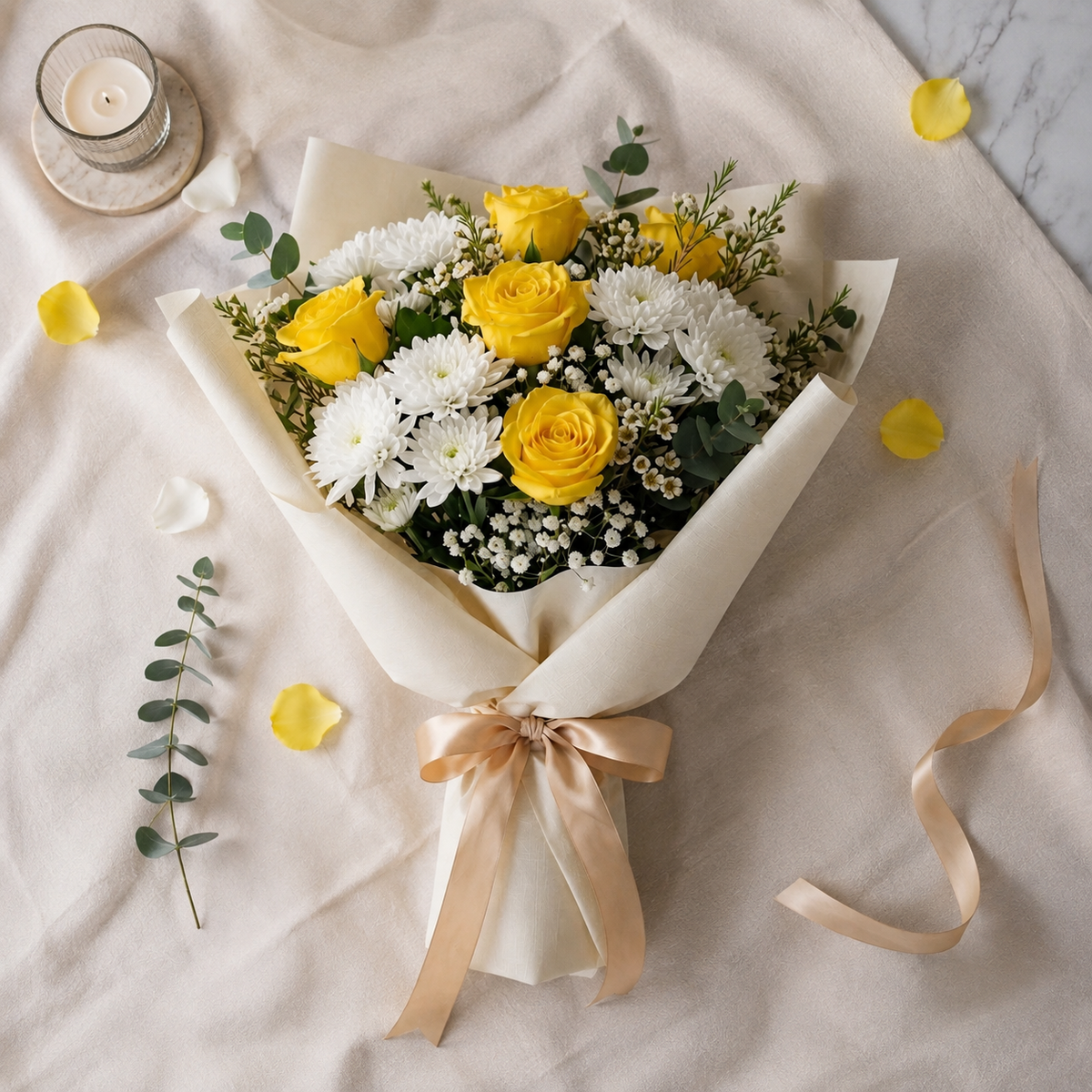 Cheerful Yellow Rose & White Chrysanthemum Bouquet