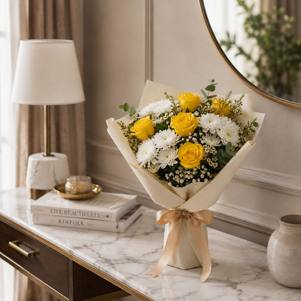 Cheerful Yellow Rose & White Chrysanthemum Bouquet – photo 3