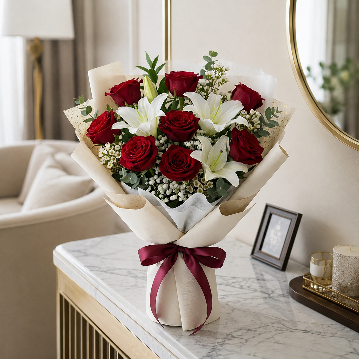 Classic Red Roses & White Lilies Bouquet