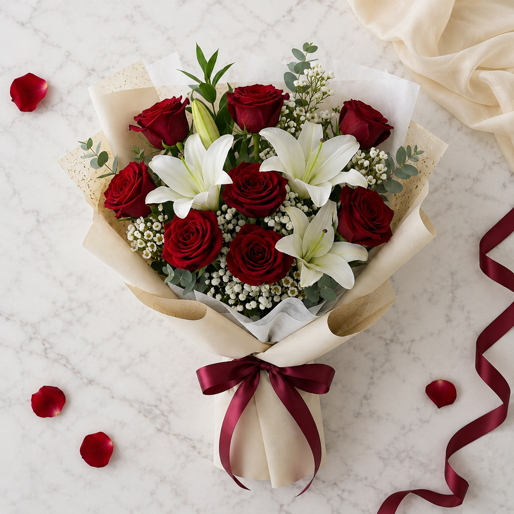 Classic Red Roses & White Lilies Bouquet