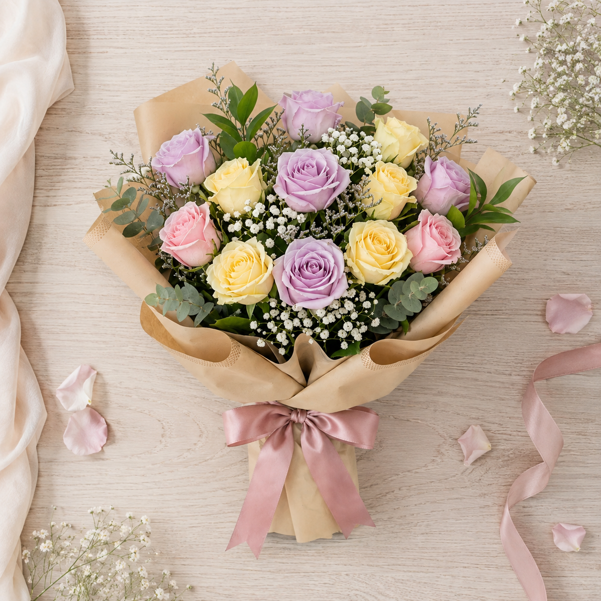 Colorful Miss You Rose Bouquet with Yellow, Pink & Purple Roses