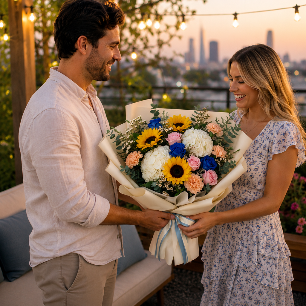 Corporate Mixed Roses, Sunflowers & Hydrangea Bouquet