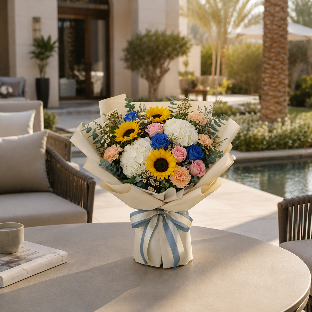 Corporate Mixed Roses, Sunflowers & Hydrangea Bouquet