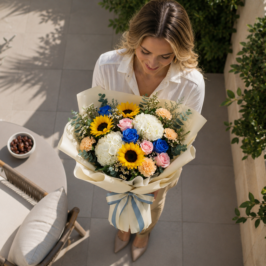 Corporate Mixed Roses, Sunflowers & Hydrangea Bouquet