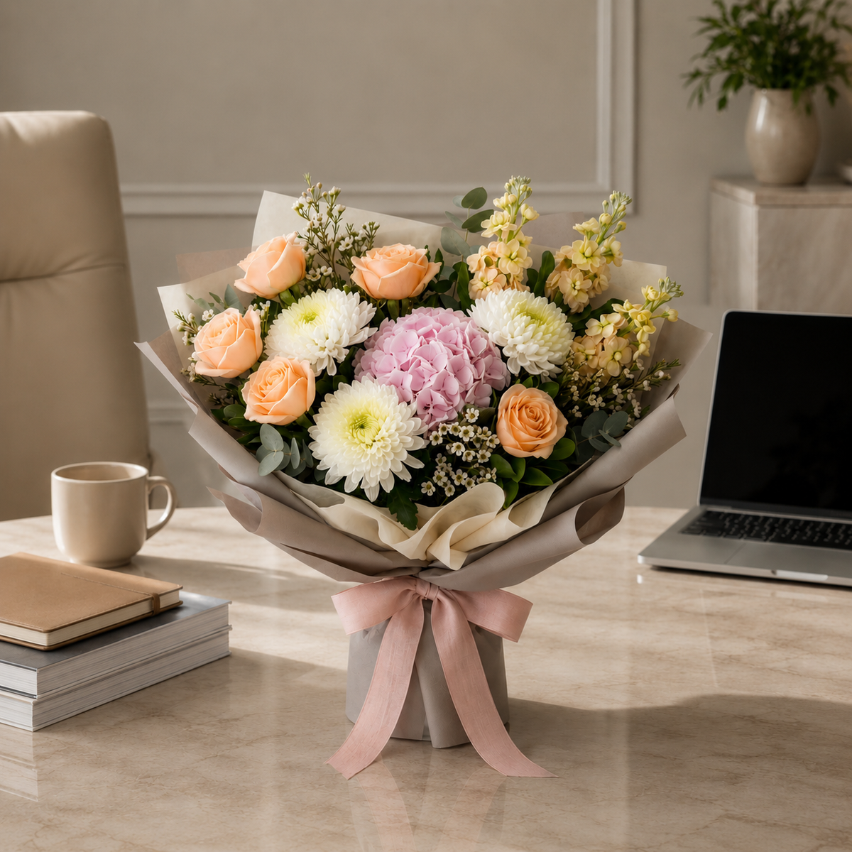 Corporate Peach Roses, Chrysanthemum & Matthiola Bouquet