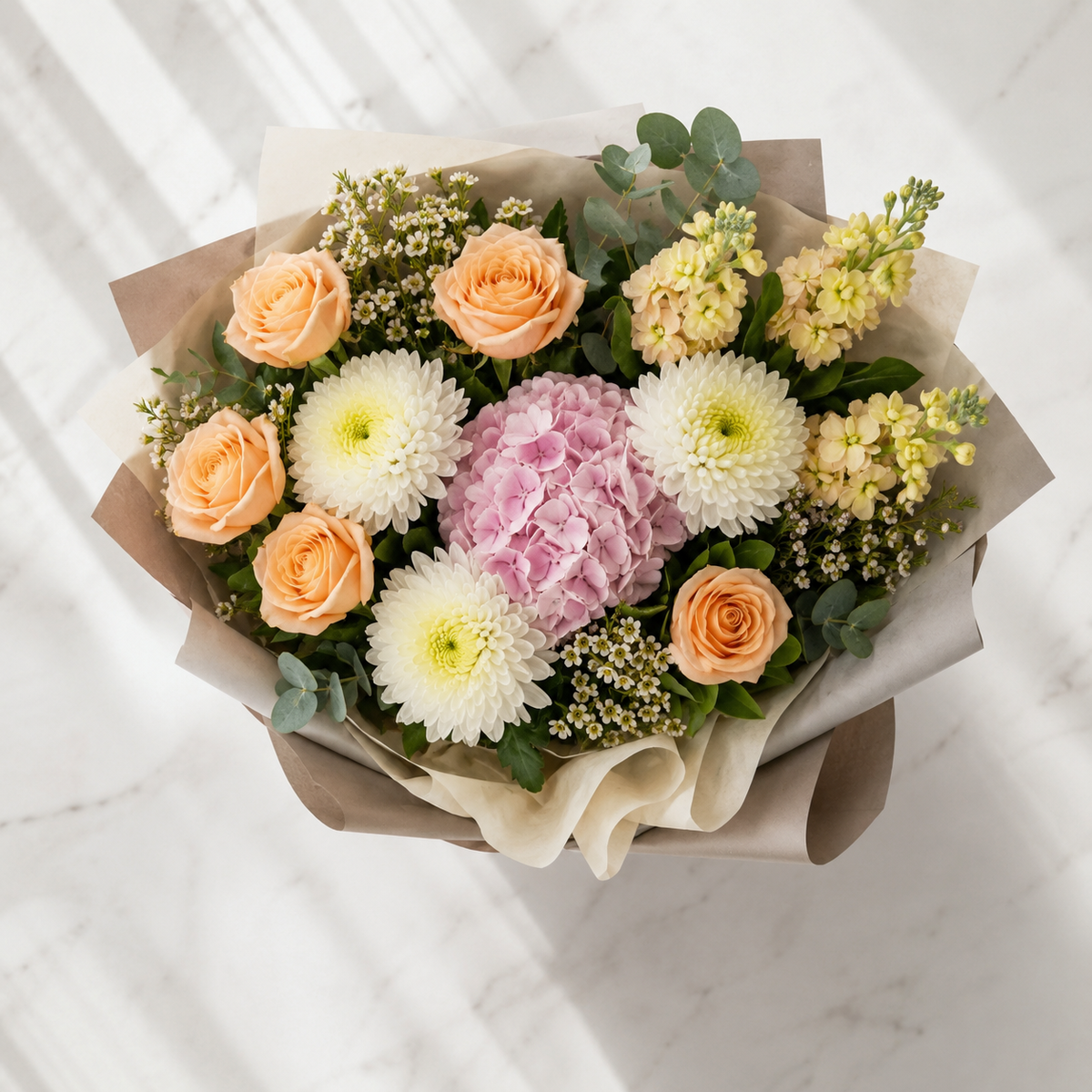 Corporate Peach Roses, Chrysanthemum & Matthiola Bouquet