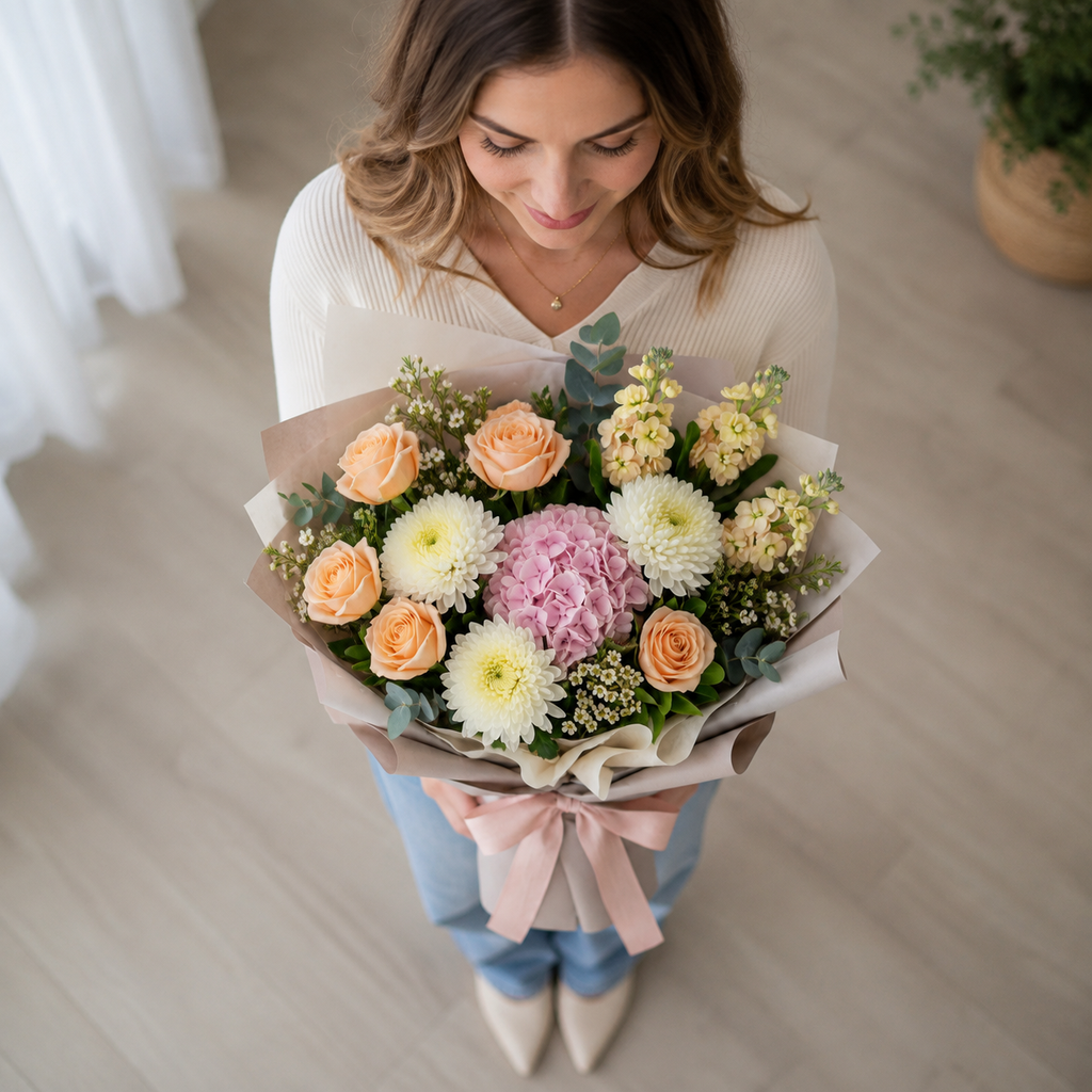 Corporate Peach Roses, Chrysanthemum & Matthiola Bouquet