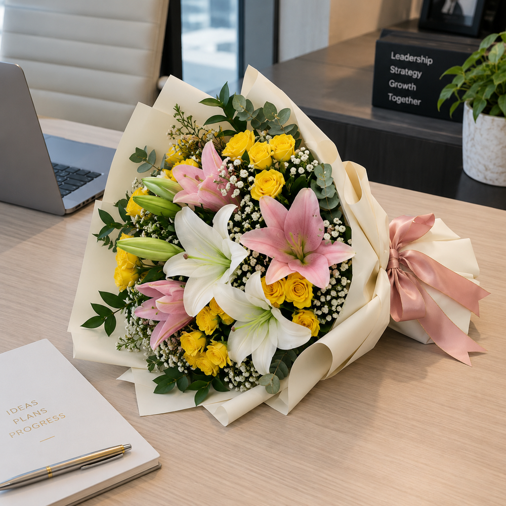 Corporate Pink Lilies & Yellow Baby Roses Bouquet