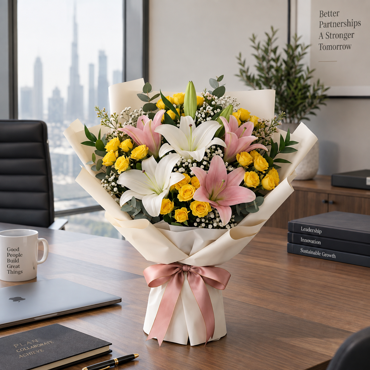 Corporate Pink Lilies & Yellow Baby Roses Bouquet