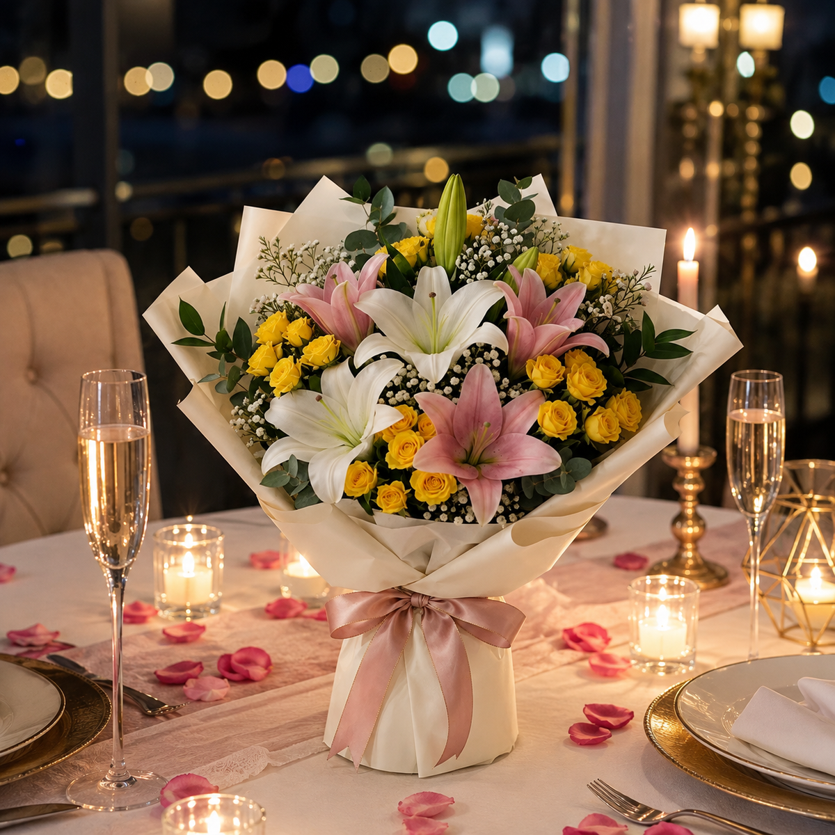 Corporate Pink Lilies & Yellow Baby Roses Bouquet