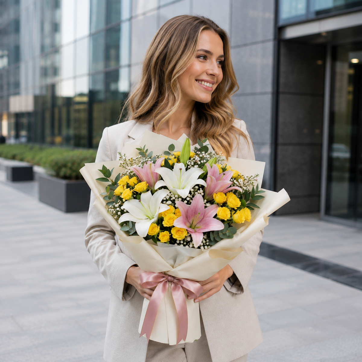 Corporate Pink Lilies & Yellow Baby Roses Bouquet