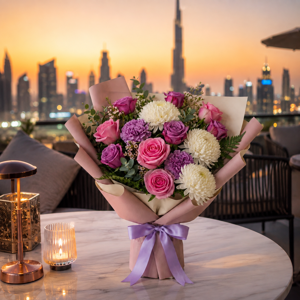 Corporate Pink & Purple Roses with Chrysanthemum Bouquet – photo 3