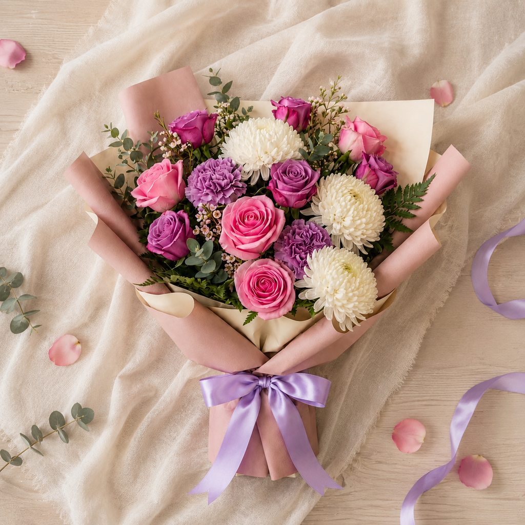 Corporate Pink & Purple Roses with Chrysanthemum Bouquet – photo 4
