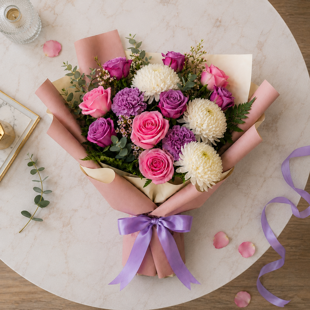 Corporate Pink & Purple Roses with Chrysanthemum Bouquet – photo 5