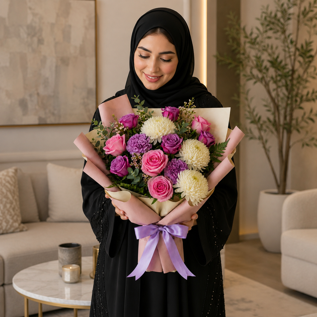 Corporate Pink & Purple Roses with Chrysanthemum Bouquet – photo 2