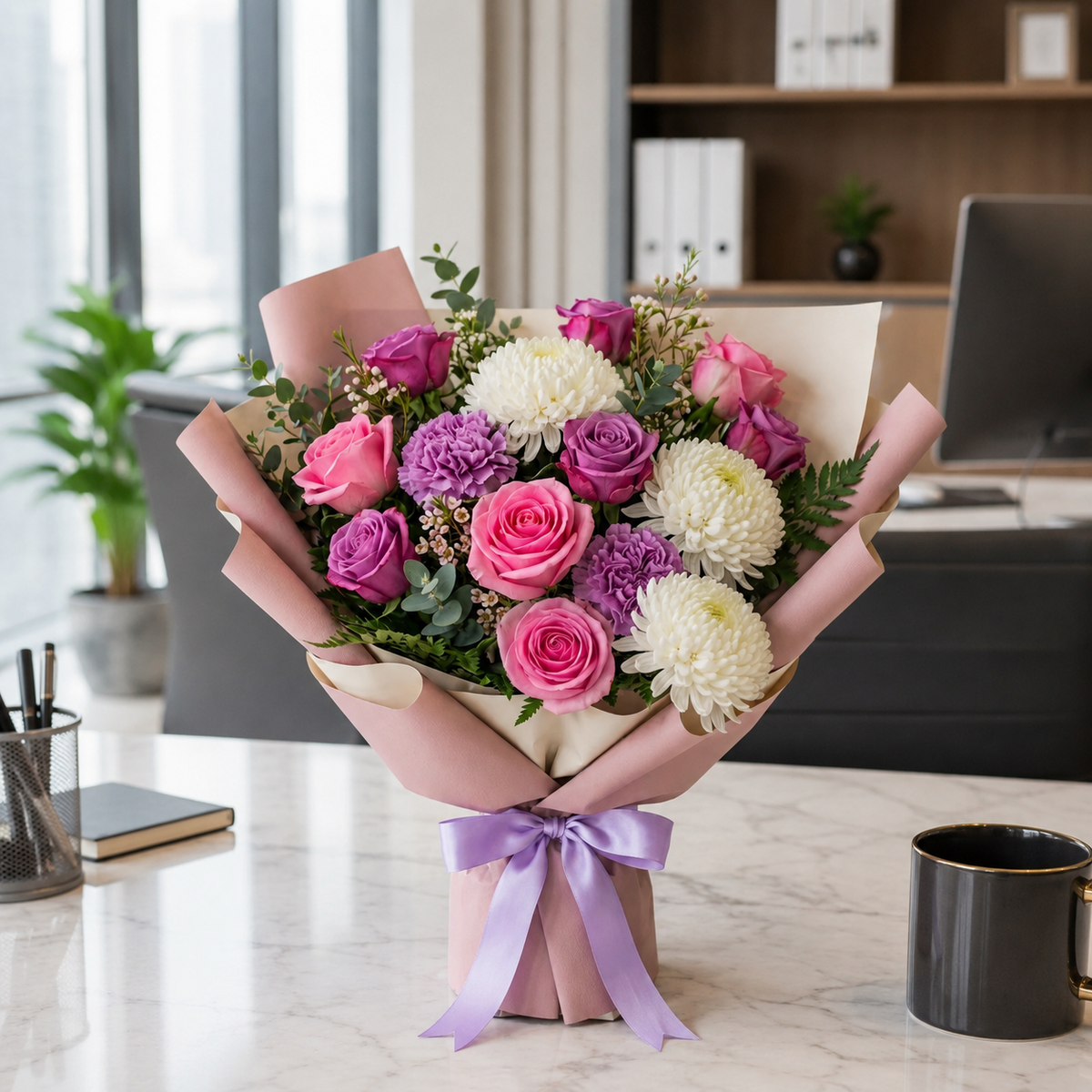 Corporate Pink & Purple Roses with Chrysanthemum Bouquet – photo 6