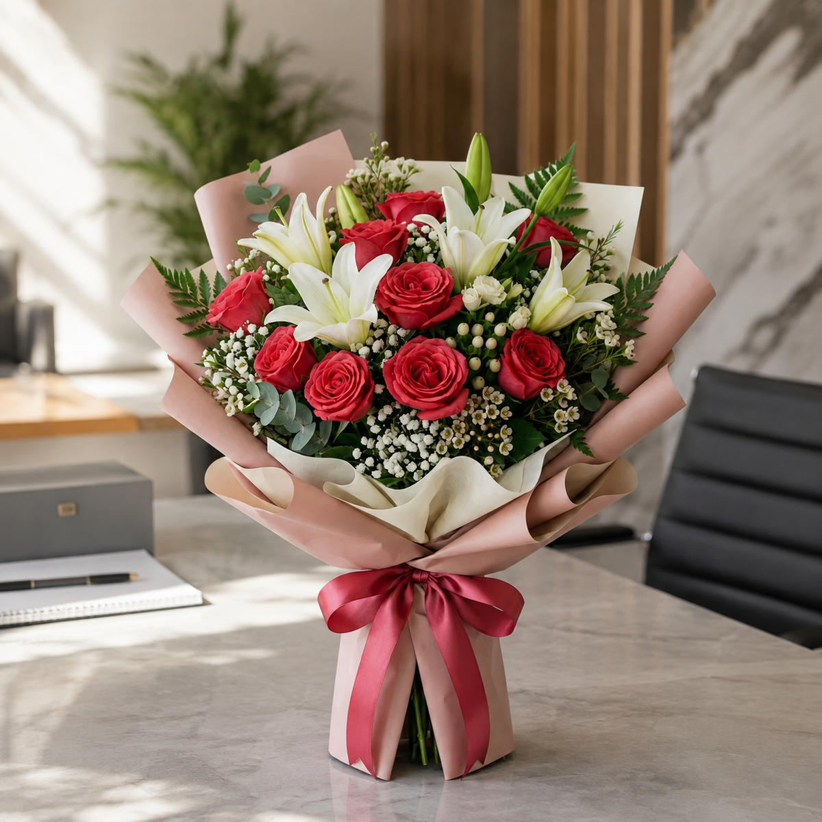 Corporate Pink Roses & White Lily Bouquet