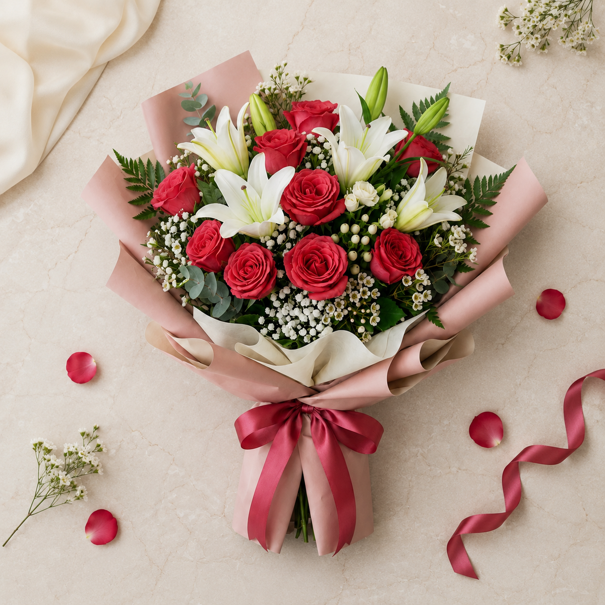 Corporate Pink Roses & White Lily Bouquet