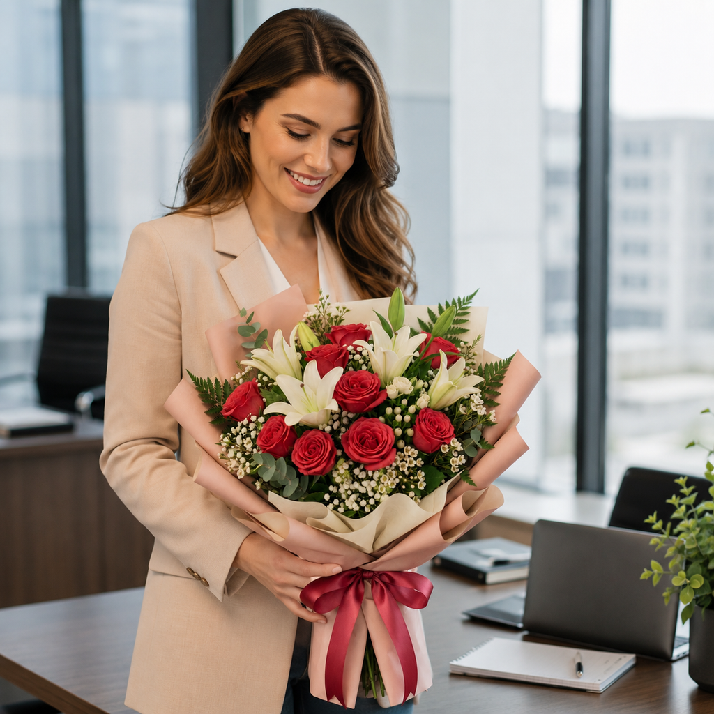 Corporate Pink Roses & White Lily Bouquet