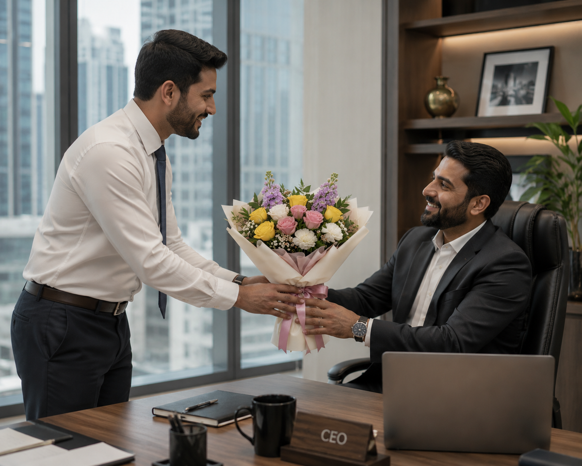 Corporate Pink & Yellow Roses with Matthiola Bouquet – photo 2
