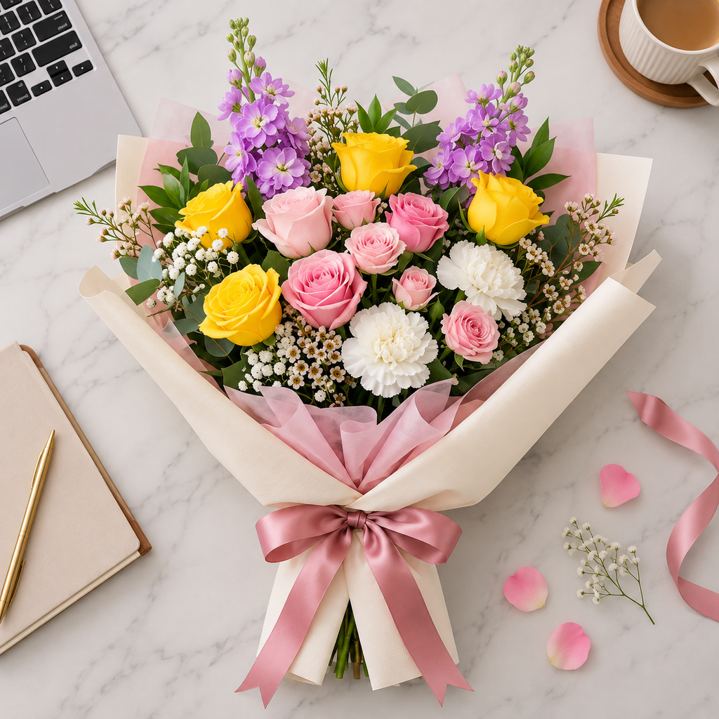 Corporate Pink & Yellow Roses with Matthiola Bouquet – photo 3