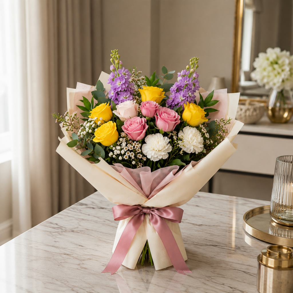 Corporate Pink & Yellow Roses with Matthiola Bouquet – photo 4