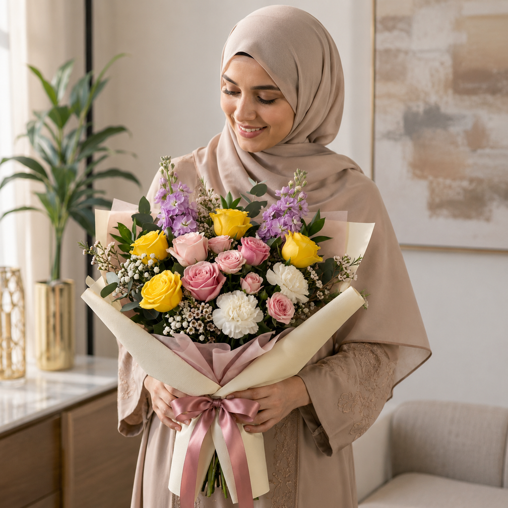 Corporate Pink & Yellow Roses with Matthiola Bouquet – photo 5