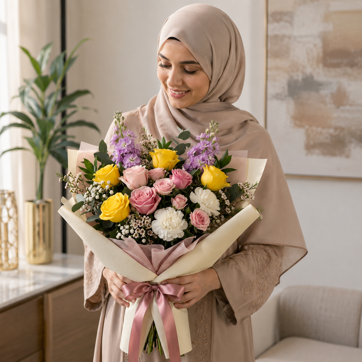 Corporate Pink & Yellow Roses with Matthiola Bouquet – photo 5