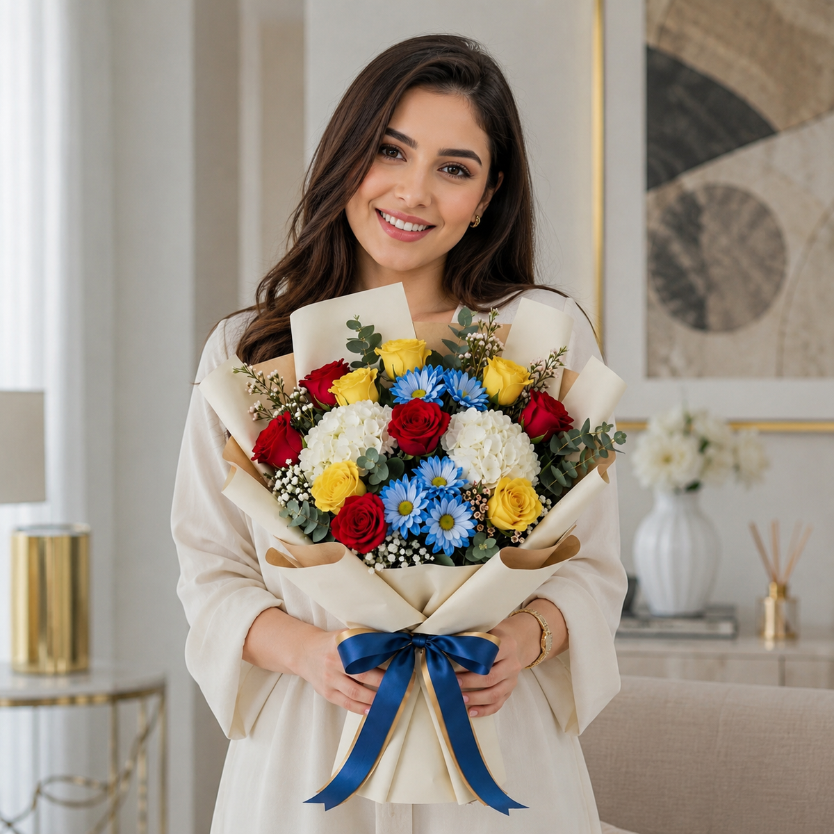 Corporate Red & Yellow Roses with Blue Chrysanthemum Bouquet – photo 2