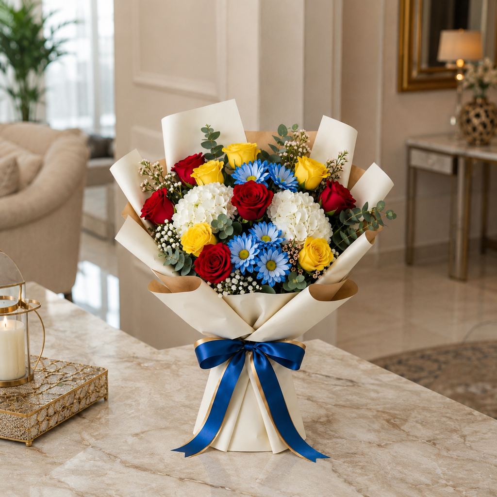 Corporate Red & Yellow Roses with Blue Chrysanthemum Bouquet – photo 3