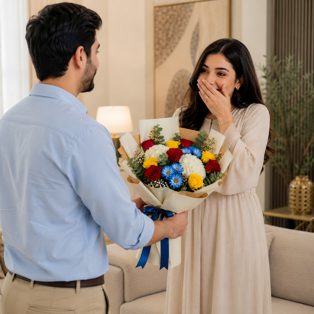 Corporate Red & Yellow Roses with Blue Chrysanthemum Bouquet – photo 4
