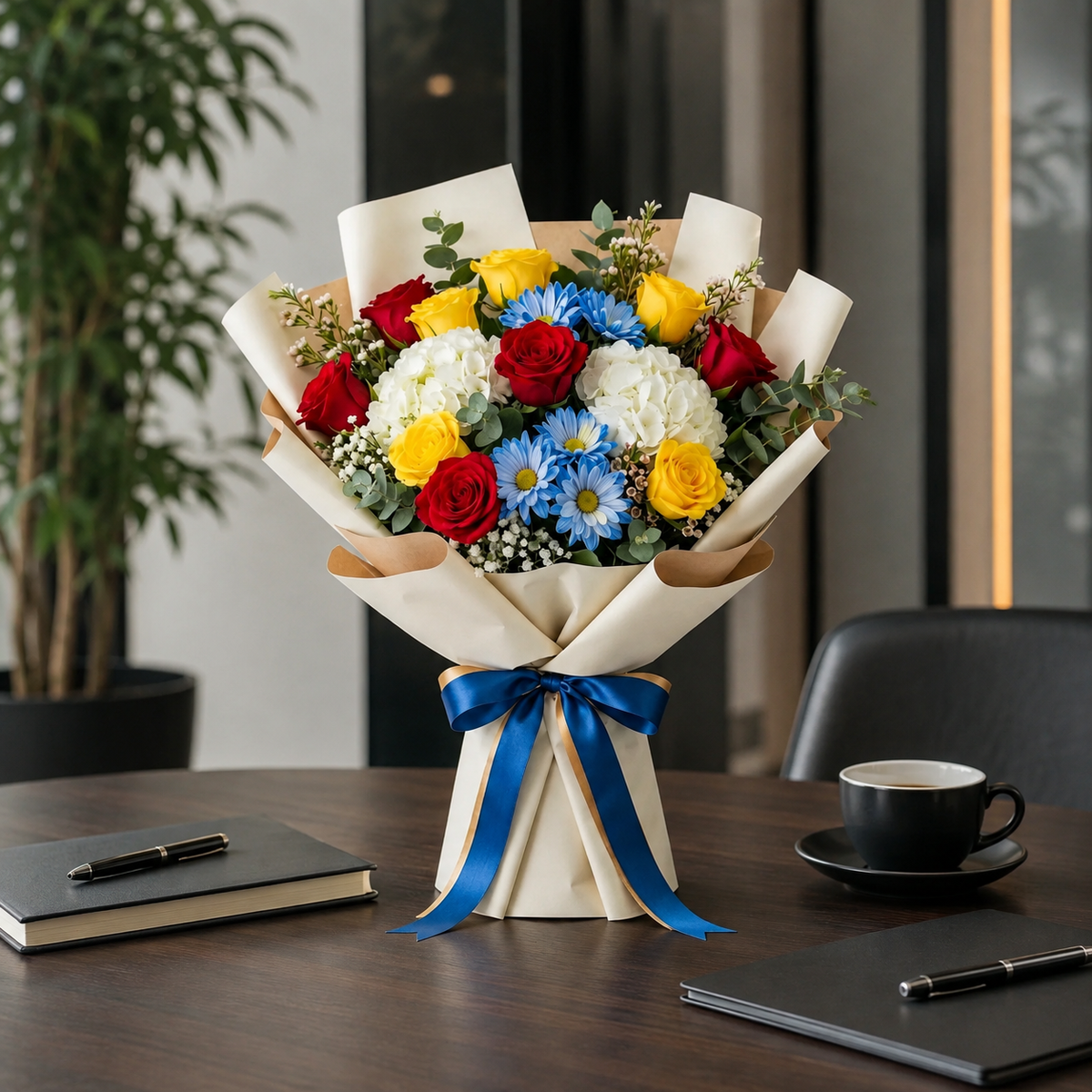Corporate Red & Yellow Roses with Blue Chrysanthemum Bouquet – photo 5