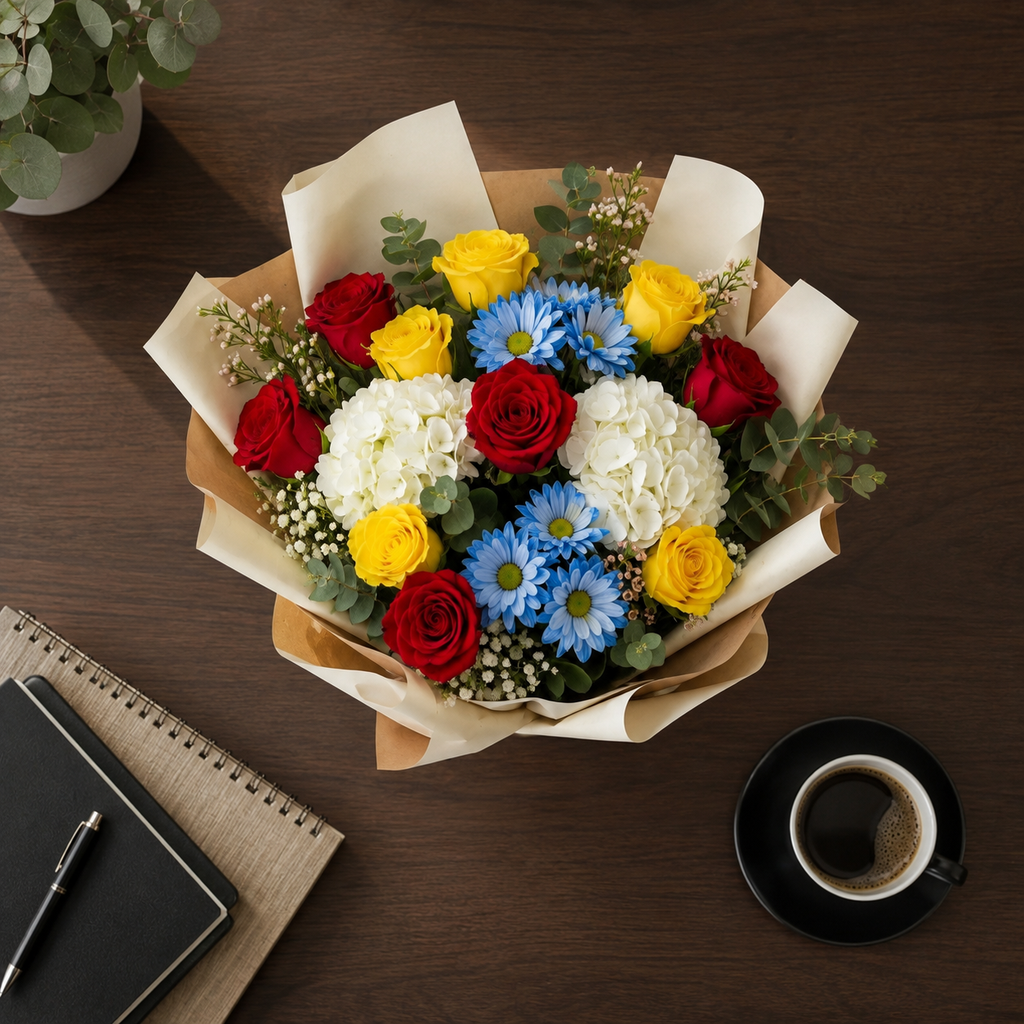 Corporate Red & Yellow Roses with Blue Chrysanthemum Bouquet – photo 6
