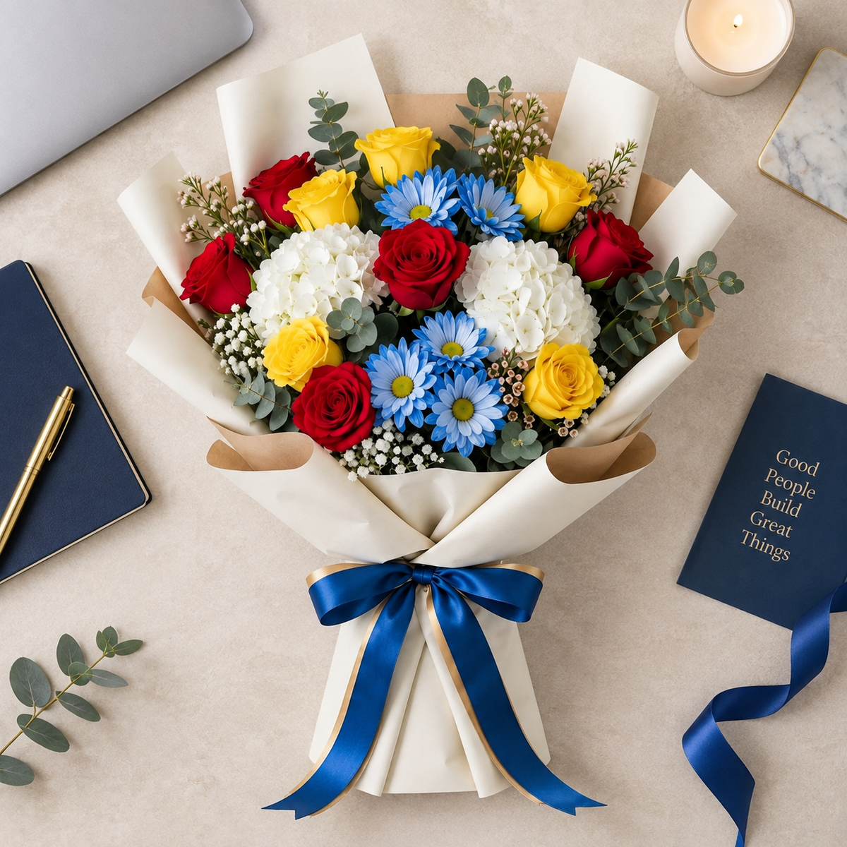 Corporate Red & Yellow Roses with Blue Chrysanthemum Bouquet – photo 7