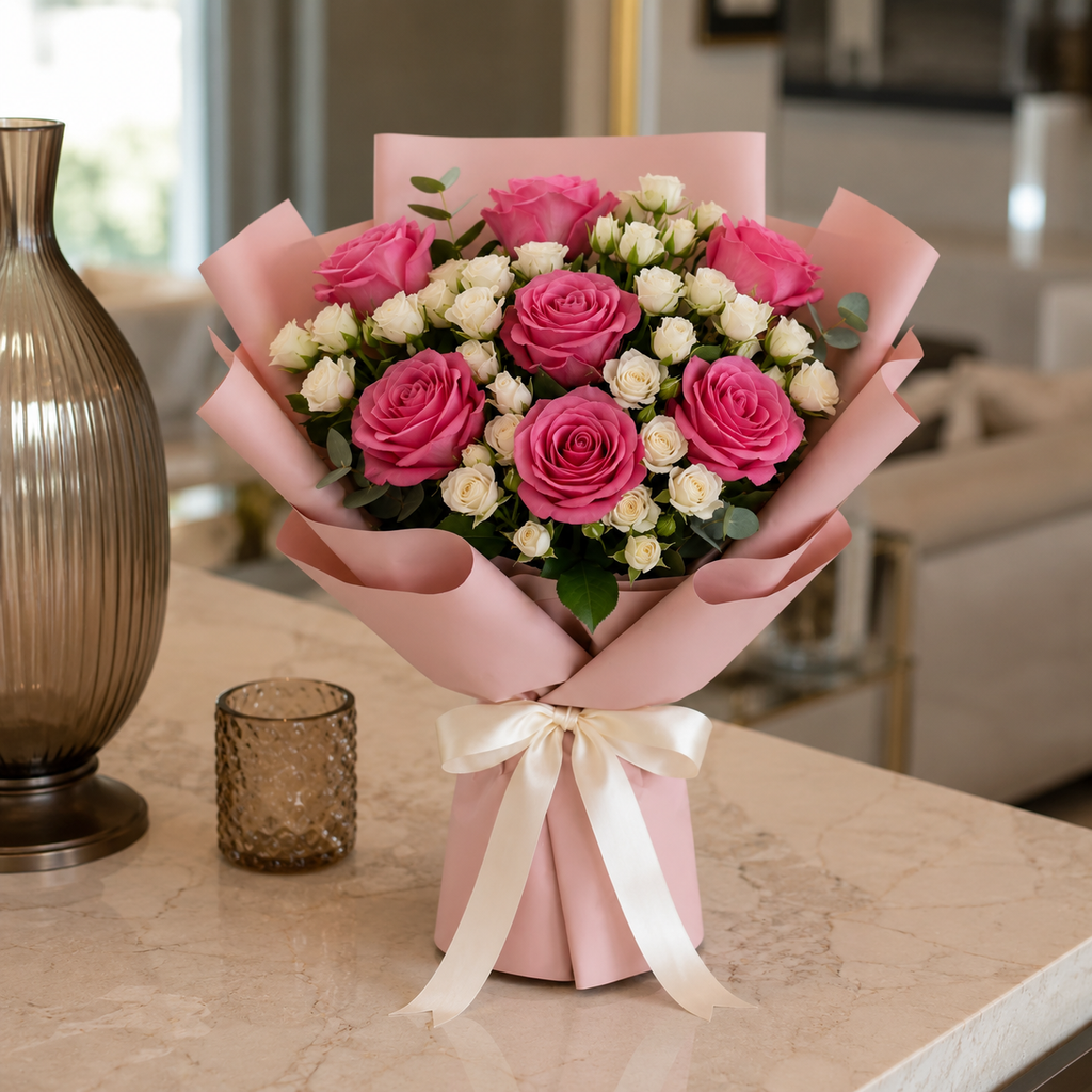 Elegant Pink Roses & White Baby Roses Apology Bouquet