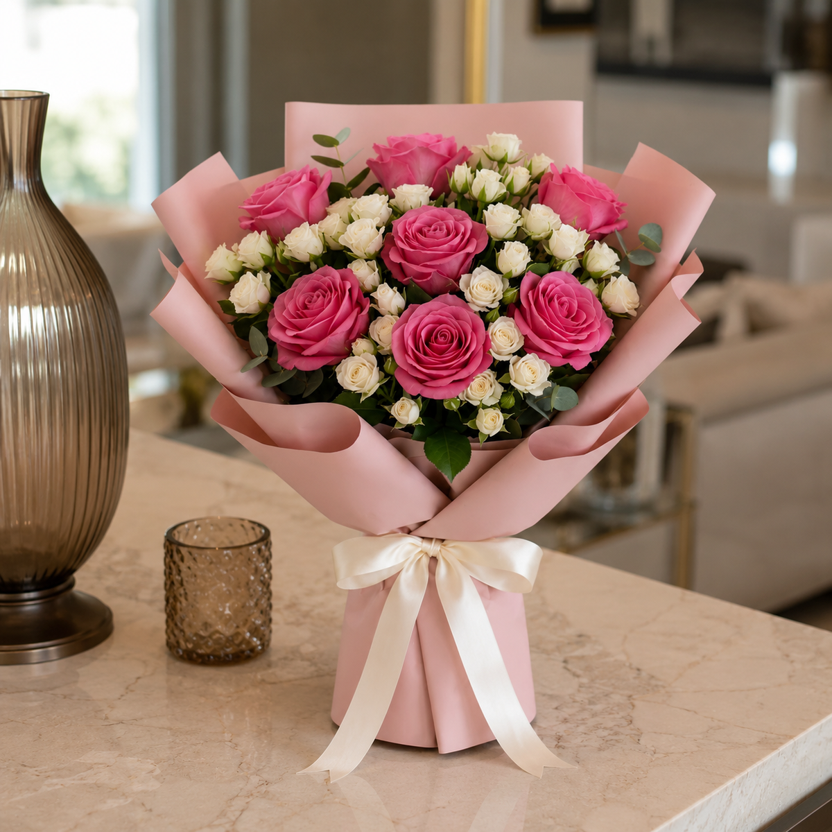 Elegant Pink Roses & White Baby Roses Apology Bouquet