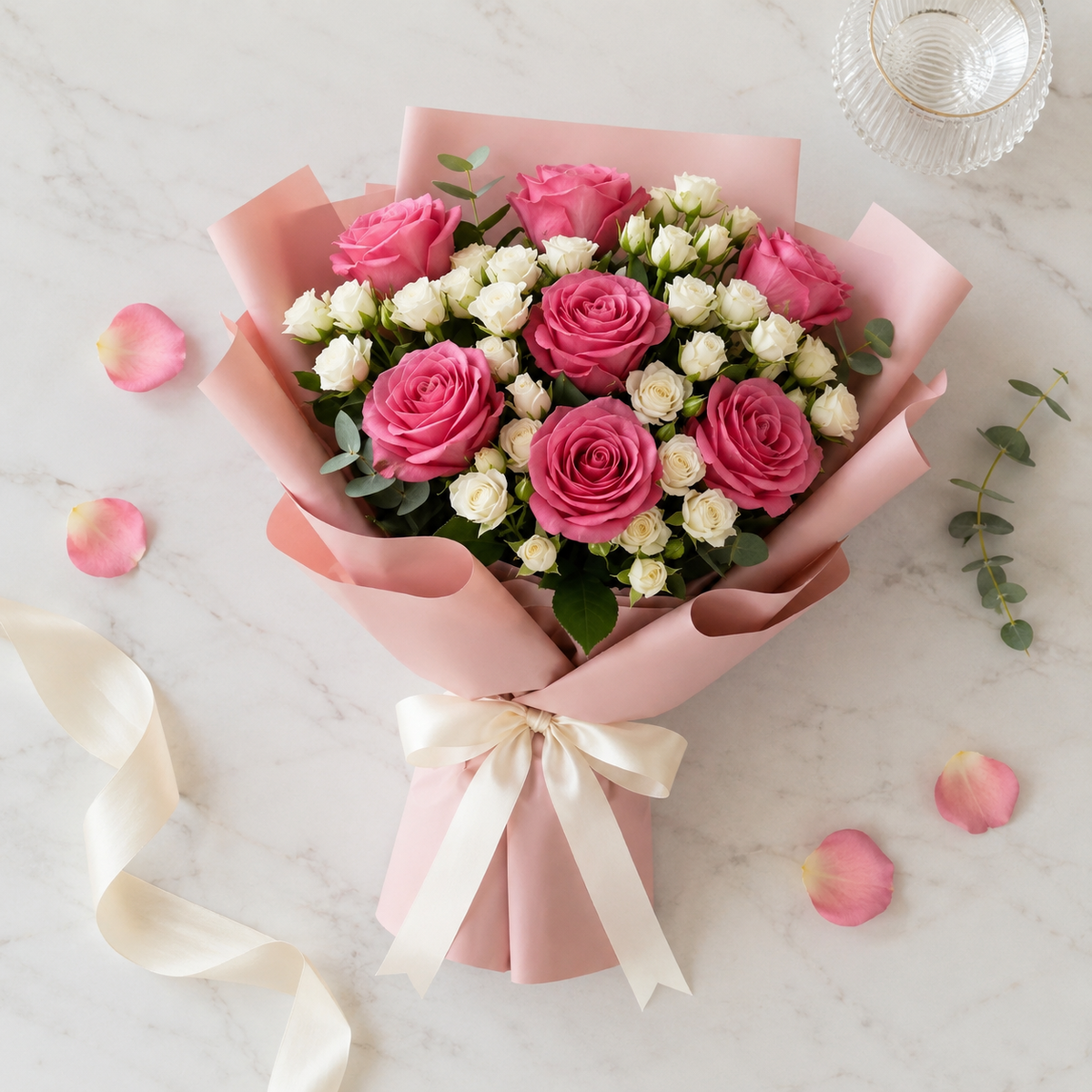 Elegant Pink Roses & White Baby Roses Apology Bouquet