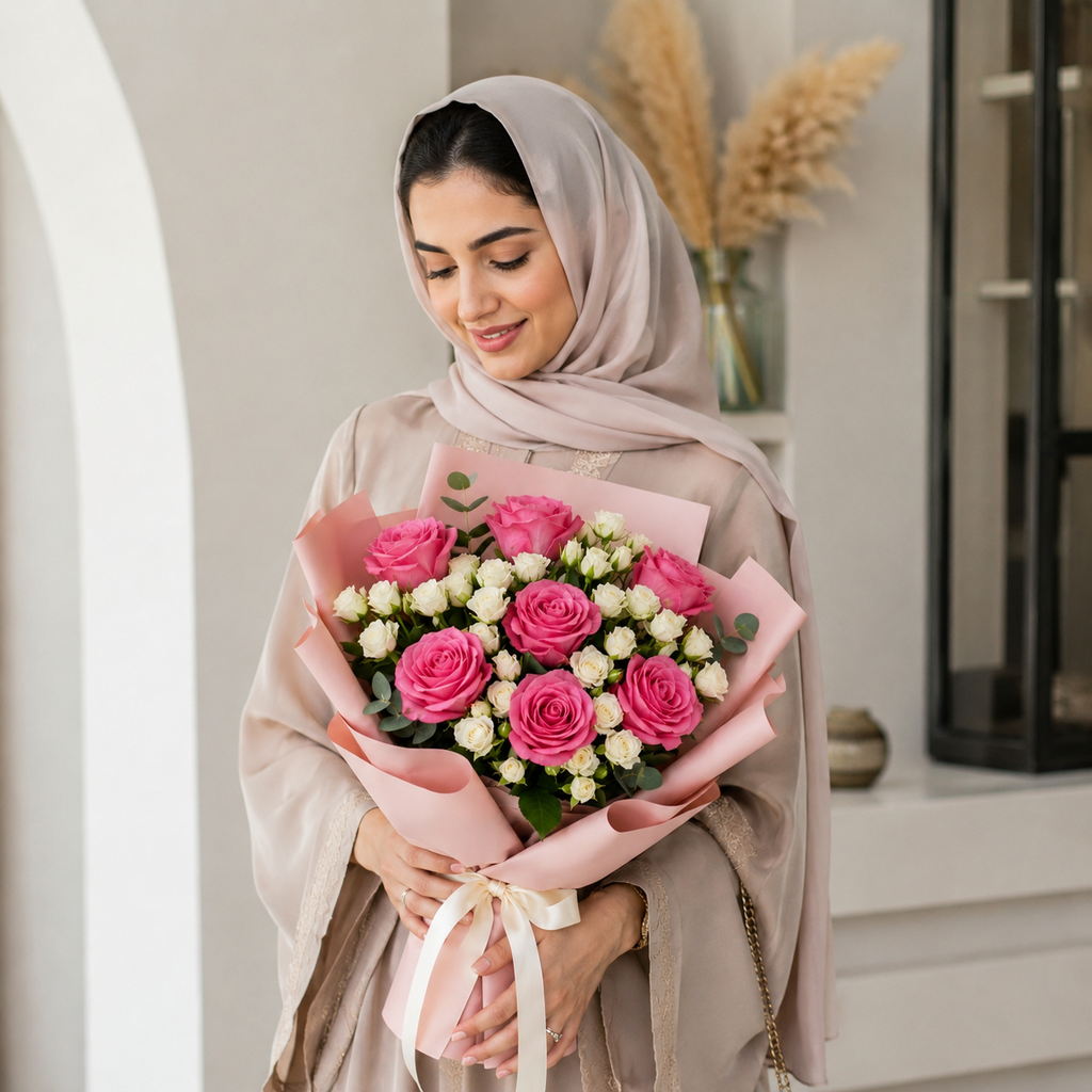 Elegant Pink Roses & White Baby Roses Apology Bouquet