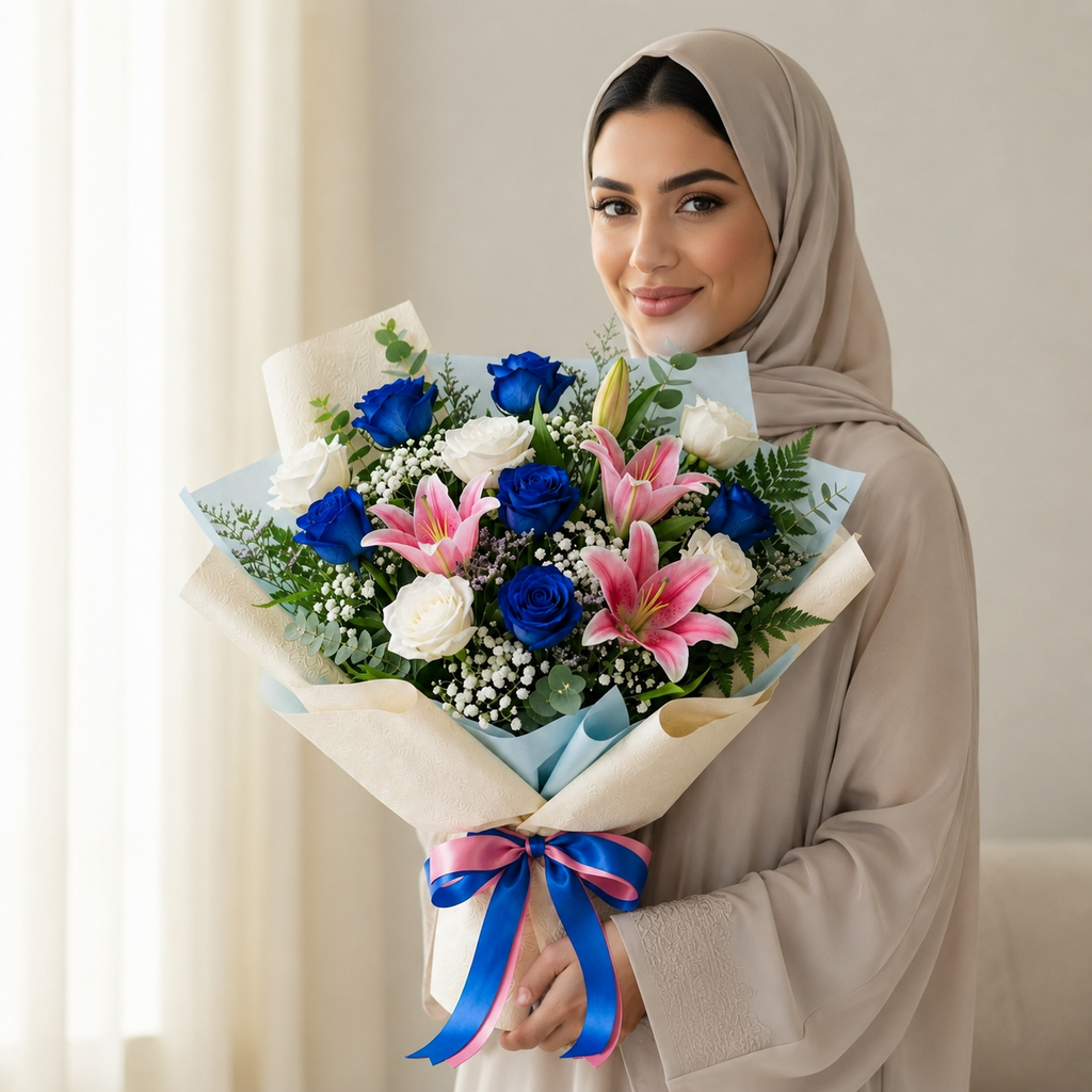 Elegant White & Blue Roses with Pink Lilies Bouquet – photo 4