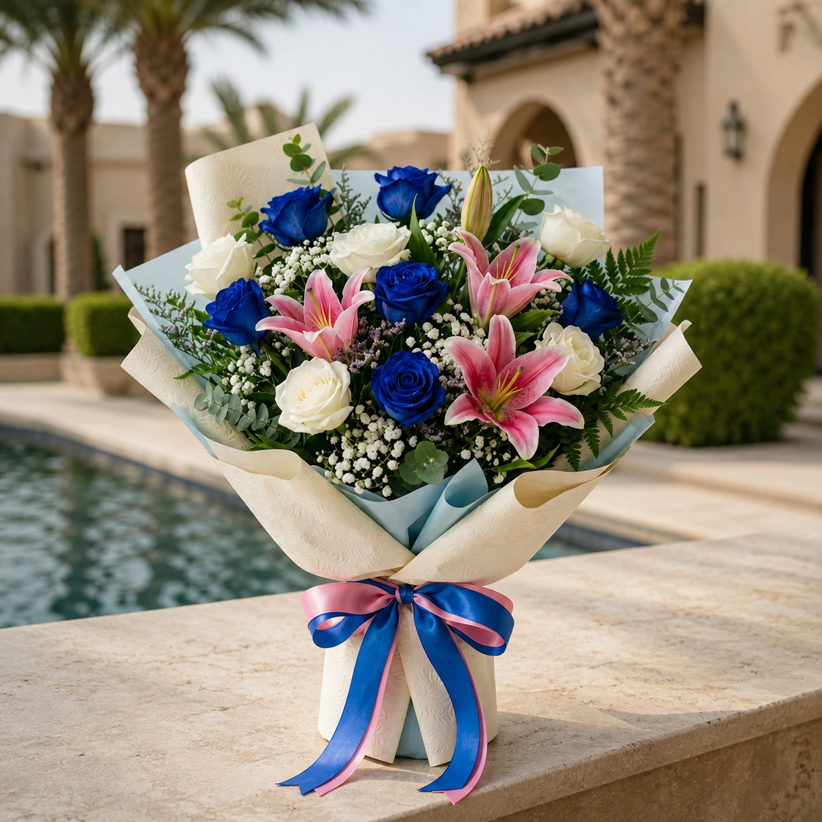 Elegant White & Blue Roses with Pink Lilies Bouquet – photo 3
