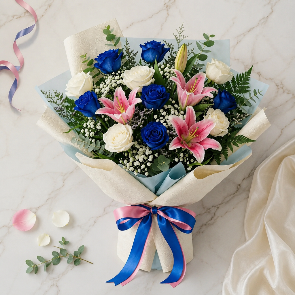 Elegant White & Blue Roses with Pink Lilies Bouquet – photo 2