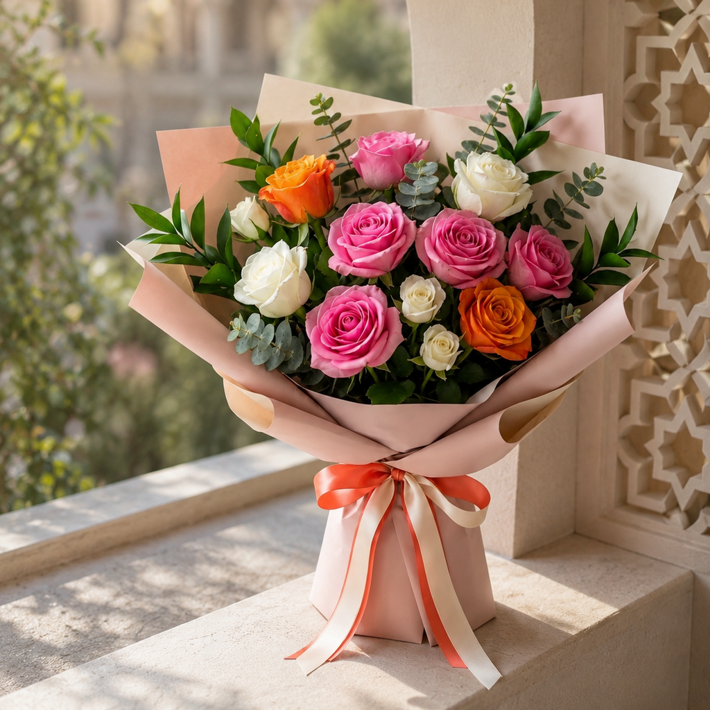 Elegant White, Pink & Orange Rose Bouquet – photo 2