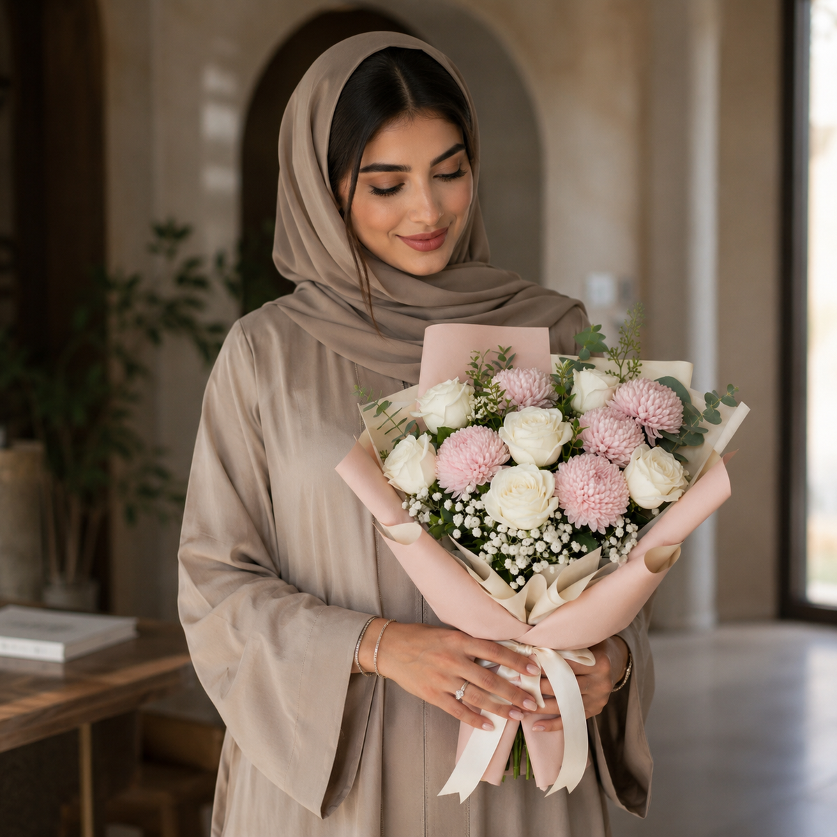 Elegant White Rose & Pink Chrysanthemum Bouquet – photo 2