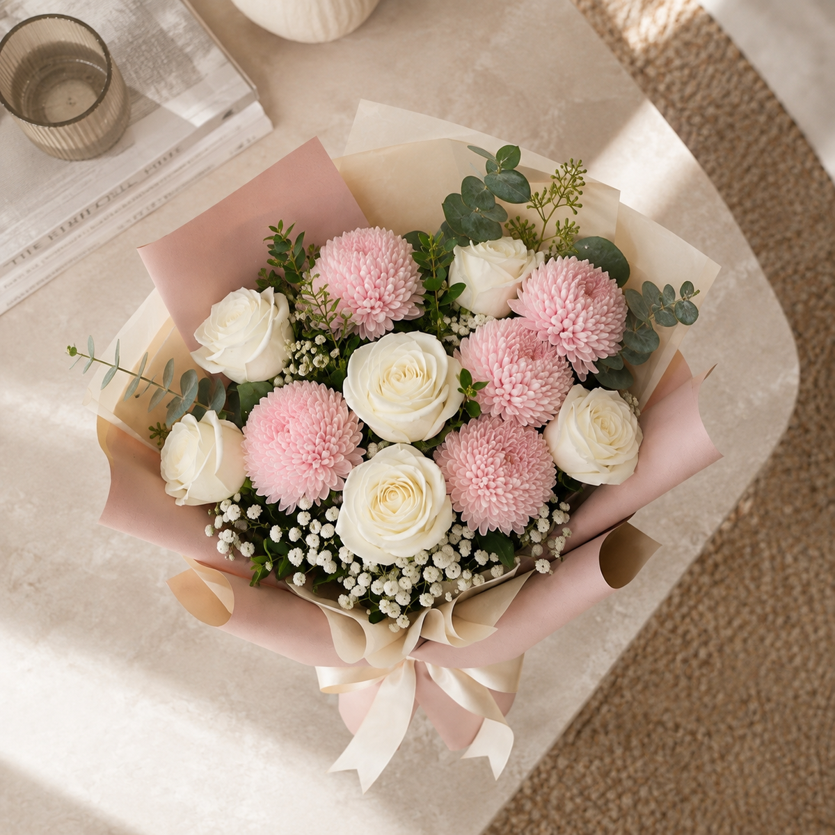 Elegant White Rose & Pink Chrysanthemum Bouquet – photo 3