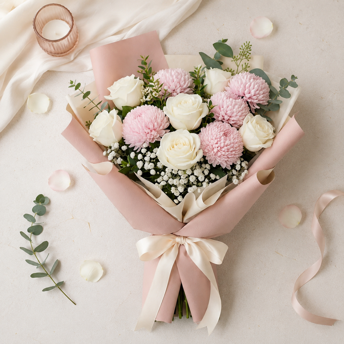 Elegant White Rose & Pink Chrysanthemum Bouquet – photo 4