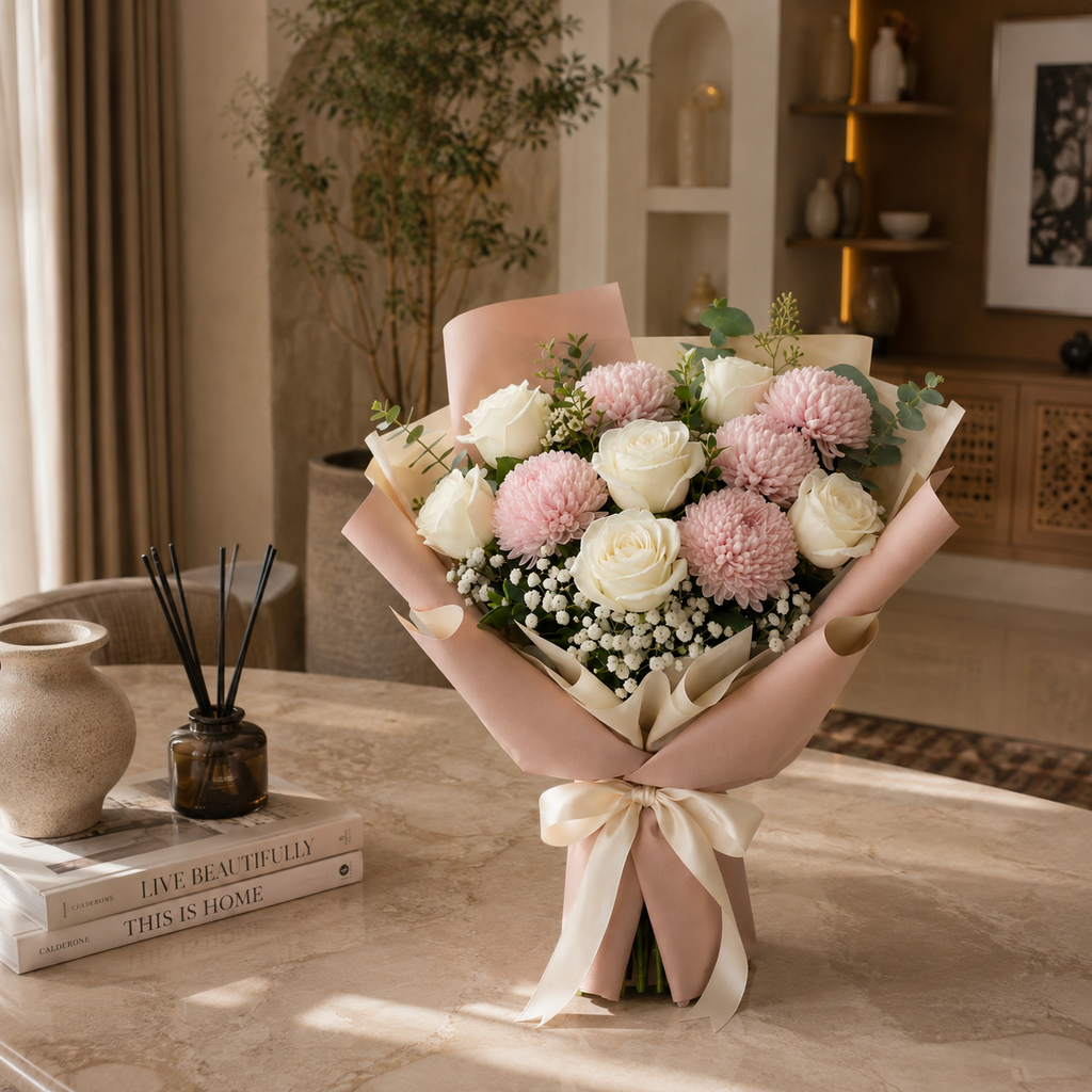 Elegant White Rose & Pink Chrysanthemum Bouquet – photo 5
