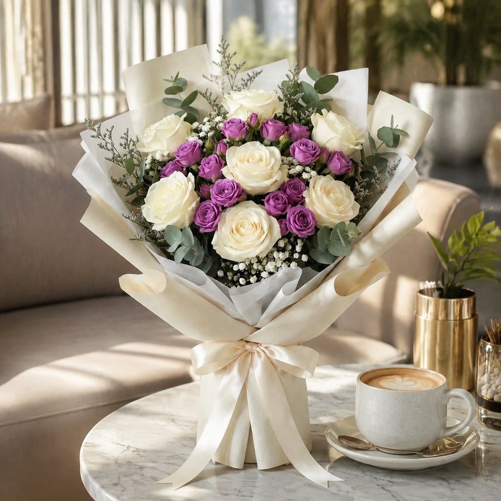 Elegant White Rose & Purple Baby Rose Miss You Bouquet – photo 2