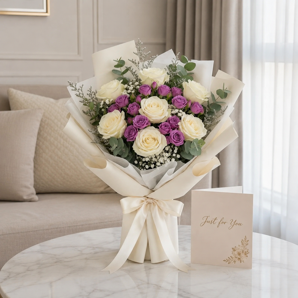 Elegant White Rose & Purple Baby Rose Miss You Bouquet – photo 4